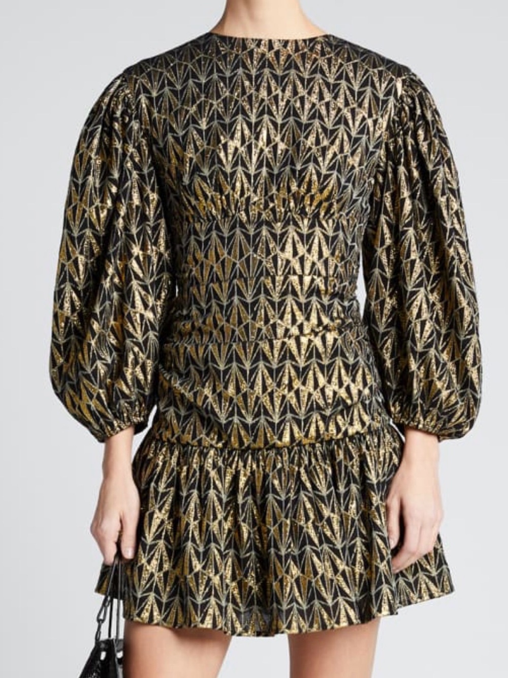 Rhode $465 NWT Donna Geo-Print Metallic Blouson-Sleeve Dress